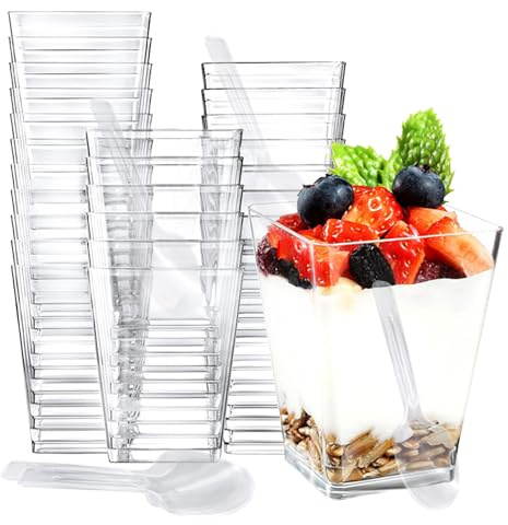 CHUNLINLAODA 25 vasos de postre con cucharas Tazas de Postre 150ml,Mini Tazas de Postre, Cuencos de Postre Reutilizables Cuadrados Transparentes,Vasos Aperitivo para Helado,Pudín (Transparente 1)