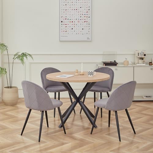 GrandCA HOME Esstisch- und Stuhlset, 100 cm Runder Esstisch und 4 Nordische Samtstühle, Geeignet für Wohnzimmer, Esszimmer, Küche (Helle Holzmaserung + Grau)