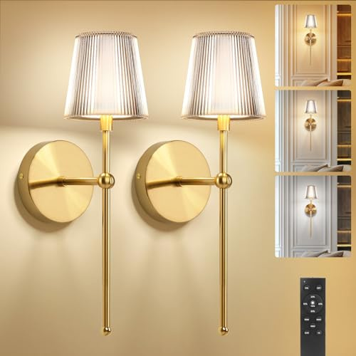 Kimjo Acrylic Gold Battery Operated Wall Lights Set of 2, 5200mAh Rechargeable Wall Light Indoor, Modern Wall Sconces with Remote, Wireless Wall Mounted Lamps for Bedroom Living Room Dining Room