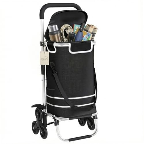 Ribech Treppensteiger Einkaufstrolley, 56L Faltbar, Wasserdicht, mit Kühlfach, Universalräder, 40kg Belastbarkeit, Schwarz