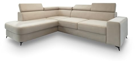 Masseno Ecksofa ALVORO MV L-S mit Schlaffunktion L-Form, Klassisch Sofa mit Bettkasten, Wohnzimmersofa, Couch, Soffa, Bettsofa, Couchgarnitur - Creme, MATT Velvet 06