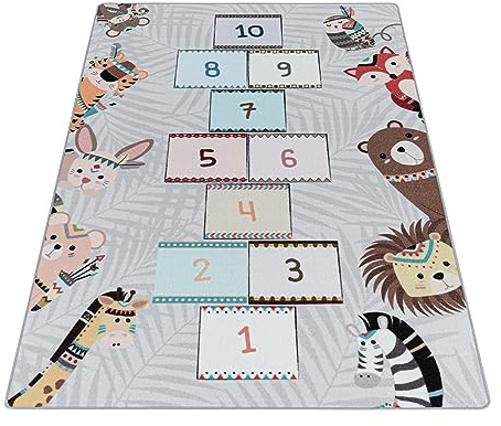 KADIMA DESIGN Kinderteppich Hüpfkästchen Hüpfspiel Pflegeleicht Bunt Waschbar Strapazierfähig Grau 140x200 cm Kinderzimmer Fußbodenheizung geeignet Schadstoffgeprüft Oeko-TEX | TRAUN