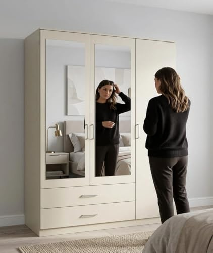 Modern Spacious Dolphin Grey 2Door/3Door Mirrored Wardrobe Modern Bedroom Storage 3/2 Drawers Hanging Rail Shelf Storage (Dolphin Grey, 3 Door Mirror Wardrobe)