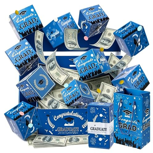 2026 Graduation Explosion Pop-Up-Geschenkbox, Bargeldhalter mit Konfetti-Zuglaschen, DIY faltbare, hüpfende, leere, befüllbare Geschenkbox for die Abschlussfeier(Blue,10pcs)