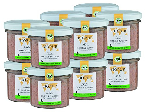BIOPUR Tiernahrung Bio Hundefutter Huhn, Dinkel & Zucchini für Hunde 12x100g