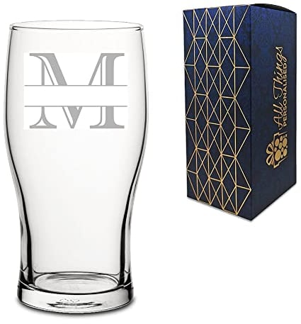 Personalised Engraved Novelty Initial and Name Pint Glass, Letter M, Personalise with Any Name, Gift Boxed, Perfect for Any Occasion