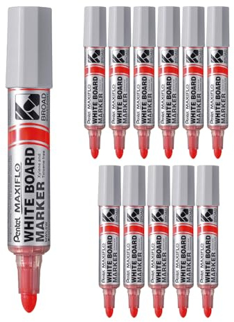 Pentel Maxiflo MWL5W-BX-Whiteboard-Marker, extra breit, konisch, Rot, 12 Stück