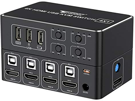 Tendak 4x1 HDMI KVM Switch, 4K@60Hz HDMI 2.0 HDCP 2.2 Computer KVM Umschalter Unterstützt USB 2.0 Geräte für Laptop PC Server DVR PS4 Xbox HDTV
