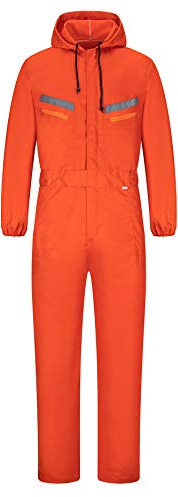 Yukirtiq Herren Arbeitsoverall Reflektierendes Band Arbeitsanzug Overall Arbeitskleidung Handwerker Anzug Arbeitskombi mit Kapuze und Vielen Taschen, Orange, S