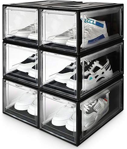 Yorbay 6er Set, Schuhbox Schuhregal, stapelbarer Schuhorganizer, plastikbox mit durchsichtiger Tür, Schuhaufbewahrung, für Schuhe bis Größe 48, Super transparent schwarz