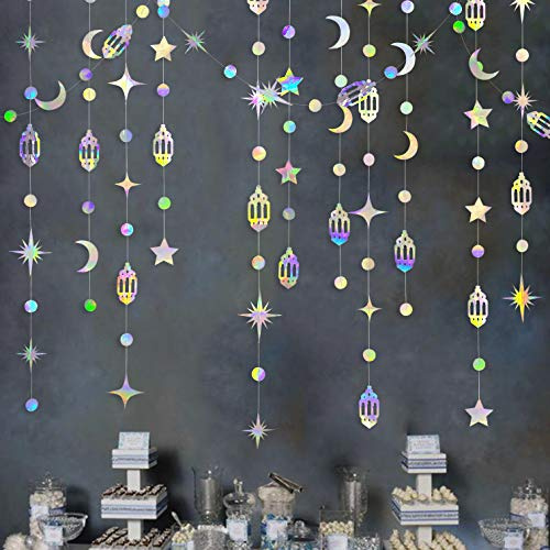 Schillernde Ramadan-Dekorationen zum Aufhängen, Regenbogen-Stern, Mond, Kreis, Punkt, Halbmond-Lampe, Girlande, Luftschlangen, Hintergrundbanner, Dekorationen für Happy Ramadan, Islam, muslimische