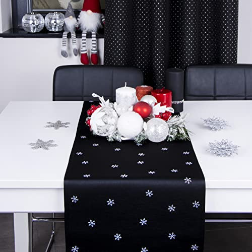 DECOOR Tischläufer für Weihnachten - schmutzabweisendes Tischband, 40 x 140 cm, Schwarz, Weinachtstischläufer aus 200 g/m² Stoff, Kristallen in Form von Schneeflocken, hergestellt in der EU