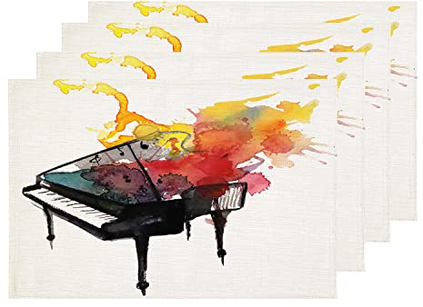 Shrahala Flügel Klavier-Tischsets, Musikinstrument, Aquarell, Jazz, Tischmatte, Leinen, Jute, waschbar, Doppeldeck, Wärmeisolierung für Esstisch, Küchentisch, 4er-Set (30,5 x 40,6 cm)