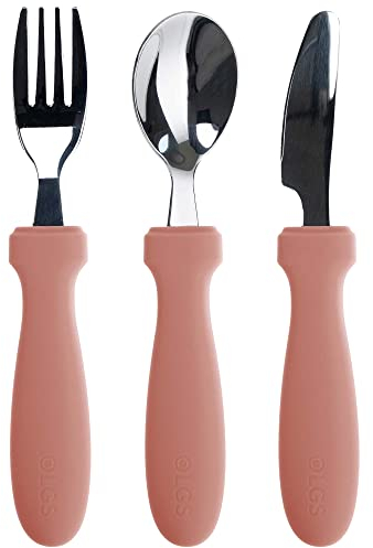 OLGS Silikon Besteck Edelstahl Kinderbesteck 3-teilig | Esslernbesteck, Babybesteck, Babylöffel Baby Gabel Löffel Esslernlöffel Muted | Lernlöffel, Babygabel Kindergeschirr Fütterungslöffel für Kinder
