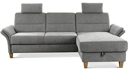 CAVADORE Ecksofa Wyk mit Federkern / Schlafsofa im Landhaus-Stil mit Longchair, Bett, Bettkasten, Armteilfunktion + 2 Kopfstützen / 252 x 90 x 162 / Chenille, Grau