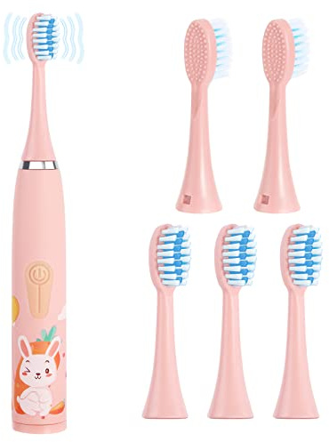 Pwsap Brosse à dents électrique pour enfants de 3 à 12 ans, brosse à dents de soins dentaires, silencieuse, étanche, batterie pour enfants, avec 5 têtes de brosse, garçons et filles