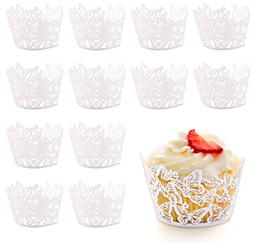 URROMA Weiße Cupcake-Förmchen mit Schmetterlings-Spitze, lasergeschnittene Cupcake-Einlagen für Hochzeiten, Geburtstage, Teepartys
