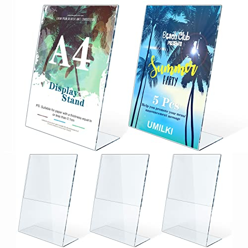UMILKI 5 Pcs A4 Tischaufsteller,Transparente Tischaufsteller Acryl Schräg, L-Ständer Prospektständer für Fotos,Speisekarten,Promotionen,Dokumente,Restaurant Cafe Shop Werbung,Hochzeit