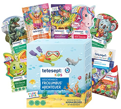 tetesept Kids Geschenkbox Frolumbus Abenteuer - Badezusatz Geschenkset mit Sprudelbad, Schaumbad, Badeüberraschung & Dusche - mit hautpflegender Rezeptur – 9er Set