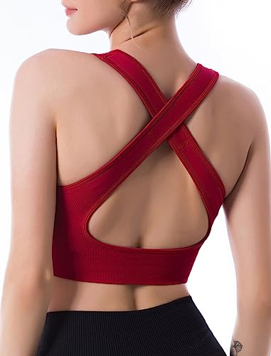 CLDFHX Damen Sport BH Gekreuzt Nahtlos Ohne Bügel Bequem Sport Top Crop Gym BH mit Kreuzträgern für Yoga Workout Fitness, Weinrot, M