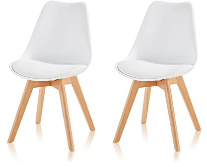 KHG 2er Set Esszimmerstühle Polsterstuhl Skandi Look - Stuhlbeine Massivholz Buche, Kunststoff Sitzschale, gepolstertes Kunstleder-Sitzkissen, modern & pflegeleicht, belastbar bis 150 kg - Weiß