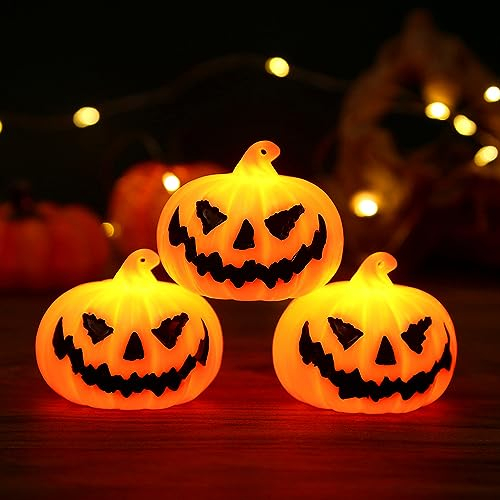 Halloween LED Kürbis Licht, 3 Stück Halloween Deko Kürbis Teelicht LED, Halloween Kürbis Teelichter Batteriebetrieben, Aufhängbar LED Kürbis Licht für Halloween Dekoration und Party Tischdeko