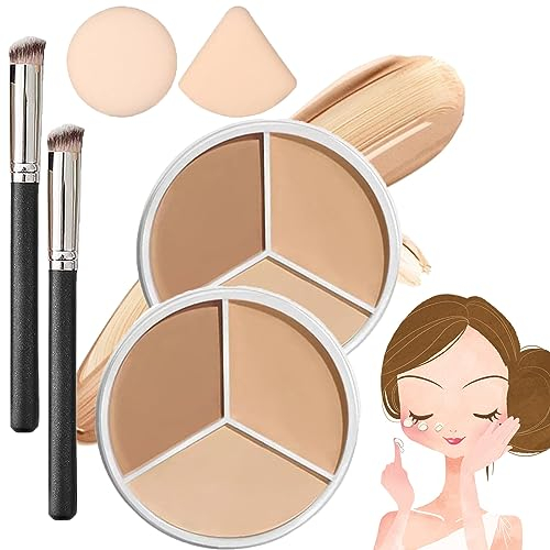 Donubiiu Dreifarbiger Mehrzweck-Concealer, Tri-Color Concealer Palette Of Covers Acne Marks Dark Circles, Tri Color Concealer, Waterproof Sweatproof Cover Cream Makeup Palette (2PCS-A)