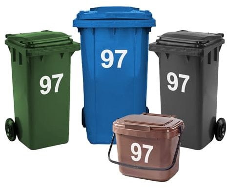 Rubigo 4 x Bin Numbers for Wheelie Bins, 0-99, 17.5cm Dustbin Stickers, Easy Application Stick On Number Stickers - Weatherproof Self Adhesive Vinyl (97)
