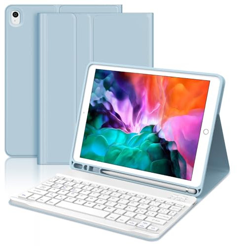 WINCHKING Clavier pour iPad 9 Génération, étui avec clavier pour iPad 9 10.2, coque Bluetooth magnétique amovible Keyboard pour iPad 9/8/7 génération 10.2/Air 3, bleu clair