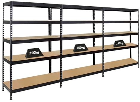 PROREGAL Mega Deal 3er-Set Schwerlastregal Rivet | HxBxT 180x120x45cm | Fachlast 250kg | Schwarz | Innovatives Stecksystem, Verzinkt, Garagenregal, Lagerregal, Kellerregal