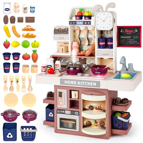 deAO Cuisine pour Enfant avec Son Et Lumière - Kit de Jeu Semblant avec Cuisinière, Évier, Réfrigérateur, Four Et Nourriture - Cadeau pour Garçons Et Filles (Rose)