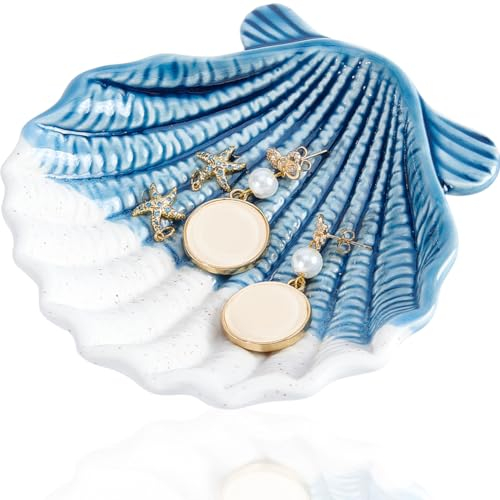 GORGECRAFT Bandeja de Cerámica con Forma de Concha Azul para Joyería Organizador de Anillos Estilo Océano Pendientes Collares Almacenamiento Decorativo Pequeño Plato para Baratija Mesa de Entrada
