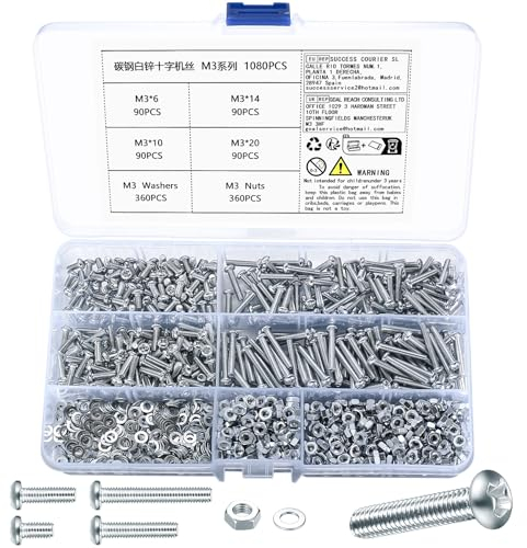 1080 Pièces M3 Vis à tête plate et écrous et rondelles assortiment, vis cruciformes et écrous hexagonaux avec plates rondelles pour bureau, électronique industrielle