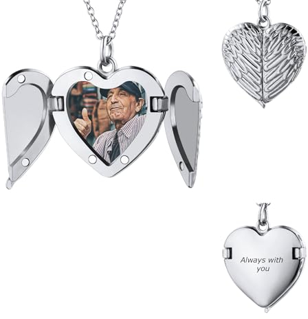 OTXIXTO Personalisierte Foto Silber Herz Engel Flügel Medaillon Halskette für Frauen Damen Medaillon Gedenkhalskette mit Bild Innen/Text Denkmal Sonnenschein Schmuckgeschenk für Frauen Mutter (Stil C)