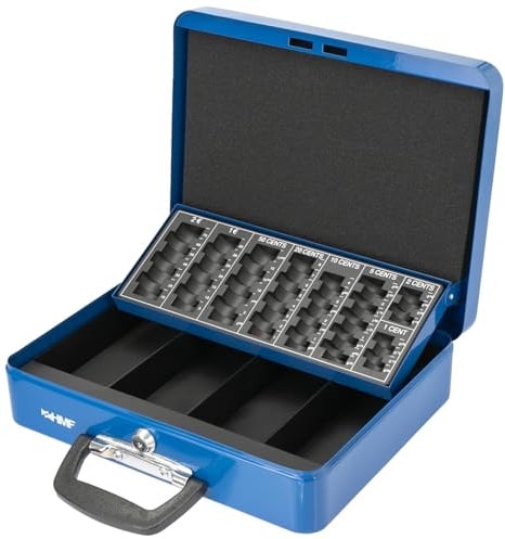 HMF 10016-05 Geldkassette abschließbar mit Münzzählbrett, Kasse mit Koffergriff | 30,5 x 24 x 8,5 cm | Blau