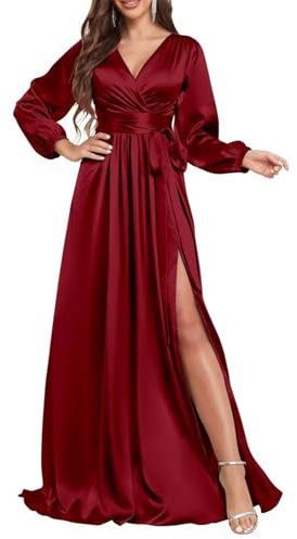 KURFACE Satin Burgundy Bridesmaid Dresses with Long Sleeve V Neck Elegant Maid of Honor Formal Evening Gown UK8