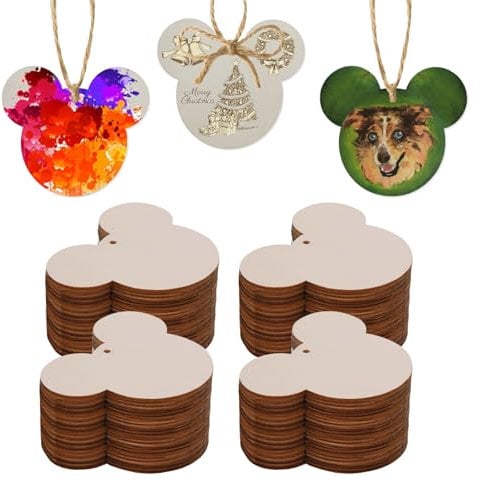 40PCS Unfinished Wooden Ornaments for DIY, Cute Mouse Cutouts for Birthday Party Decorations, Christmas Tree Ornaments, Blank Natural Wood Slices, Mouse Head Decor for Home Crafts, Hanging Supplies