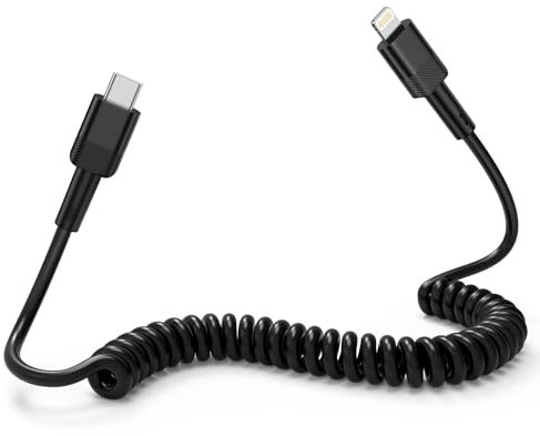 Coiled USB C to iPhone Cable[Mfi Certified], iPhone Car Charger Cable Apple Carplay Cable, Short Charger Lead for Car with Data Sync, Retractable iPhone Charging Cable for iPhone14/13/12/11/Pad/iPod