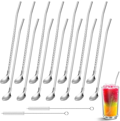 Lot de 14 pailles avec cuillères, en acier inoxydable, pailles réutilisables, longues cuillères à café glacé, avec 2 pailles brosse de nettoyage pour shakes, cocktails, smoothies
