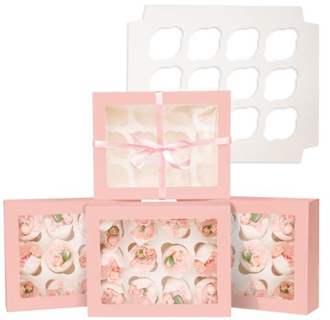 Gcardist Automatischer Popup 12 Cupcake-Boxen mit Fenster Rosa 6 Stück Cupcake-Boxen 33x25,4x9cm Bäckerei-Boxen für Cupcake-Träger, Cupcake-Behälter(13x10x3,5 inch)