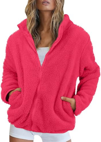 Veste Polaire Femme Chaud Manteaux sans Capuche Hiver Sweat Zippé pour Femme en Polaire Couleur Unie Leger Veste Ado Fille Pas Cher,Rose vif,XXL