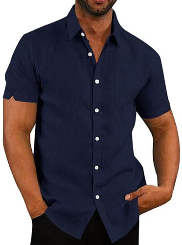 Rodawu Men's Navy Blue Cotton Linen Blend Lightweight Regular Fit Short Sleeve Button-Down Shirt M