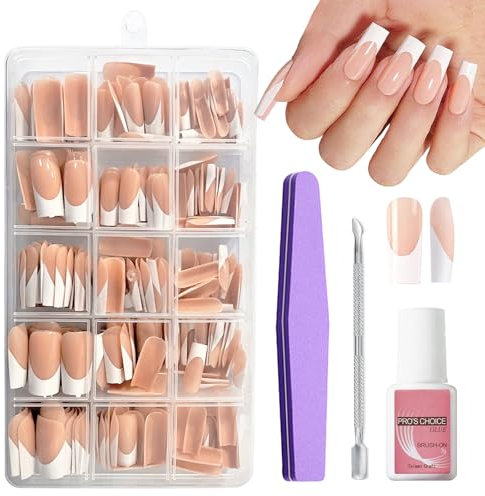 French False Nails Kit - 240Pcs Coffin Press on Nails Fake Nails Tip - Glossy Full Cover Glue on Nails Ballerina Fake Nails 15 Sizes Stick On Nail French Tip Gift for Women Girls