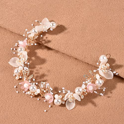 Bridal Flower Headpieces for Wedding Pearl Bridal Headband Leaf Bride Hair Accessories for Women (Pink, 1.77x12.8)