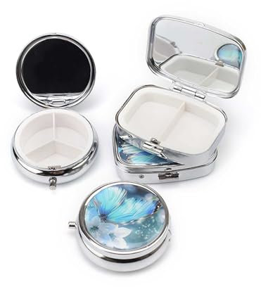 FINELYCR Pillendose Metall, 4 Stück Pillendose Klein für Unterwegs, Rund 3 Fächer und Quadratisch 2 Fächer Pillenbox, mit Schmetterlingsmuster und Spiegel, Tablettenbox für Reisen, Schule, Büro