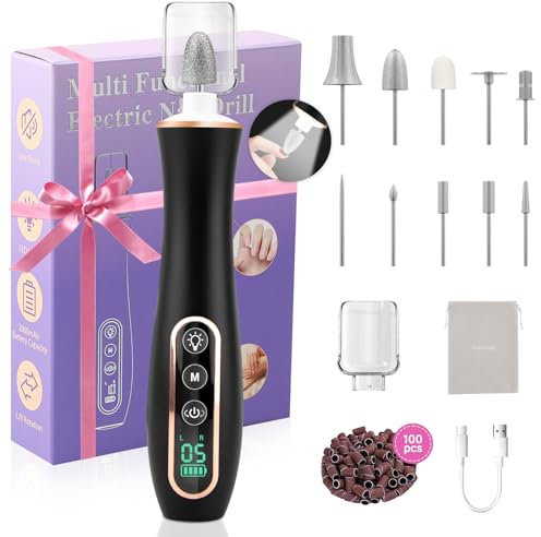 Karrong Maniküre Set Elektrisch Kabellos, Elektrische Nagelfeile mit 10 Aufsätzen, Elektrische Nagelfräser Akku, Nagelpflegeset mit 10 Geschwindigkeiten LED Licht für Gelnägel Acrylnägel