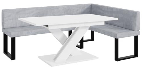 MEBLINI Eckbank für Esszimmer mit ausziehbarem Tisch - Küchenbank - Essecke - Sitzecke Küche - Toni - U-Beine 142x196x87cm Rechts - Hellgrau Samt/B Weiß Matt