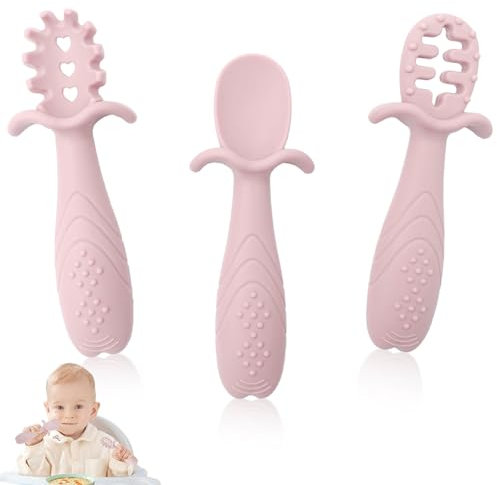 Yistoi 3 Pezzi Cucchiaino Svezzamento, Cucchiaio Didattico per Bambini in Silicone, Cucchiaio Svezzamento, Posate Bambini Forma Carina e Bella, per Bambini Che Imparano a Nutrirsi da Soli (Rosa)