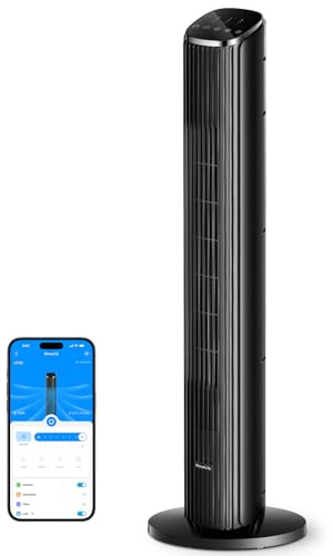 GoveeLife 36 in. Black Tower Fan for Bedroom, 5 Modes 8 Speeds up to 25ft/s | Smart Floor Fan with App/Voice Control, Temp Sensor, 29dB Bladeless Oscillating Fan for Office, 24H Timer, Auto Cooling