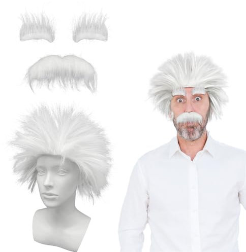 UILYNIU Mad Scientist Kostüm Set - 3 Stück Professor Perücke mit Schnurrbart und weißem Bart für Cosplay, Mottoparty und Festival